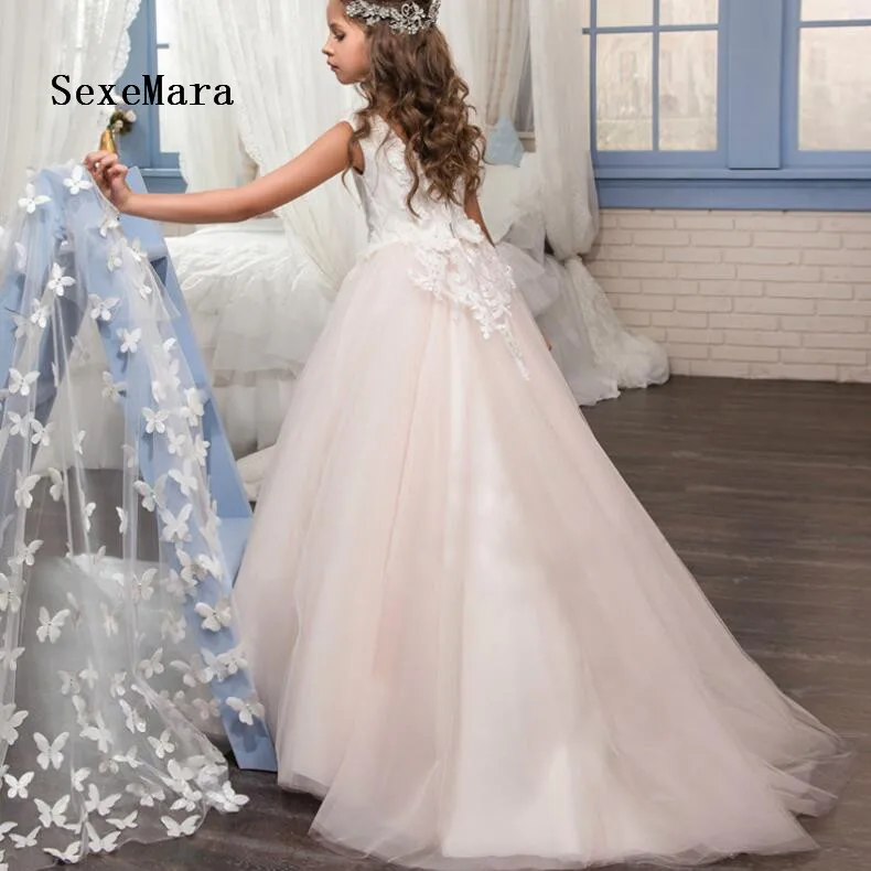 White Lace Light Pink Flower Girls Dresses For Weddings Appliques Tulle Satin with Detachable Cape Pageant | Свадьбы и торжества