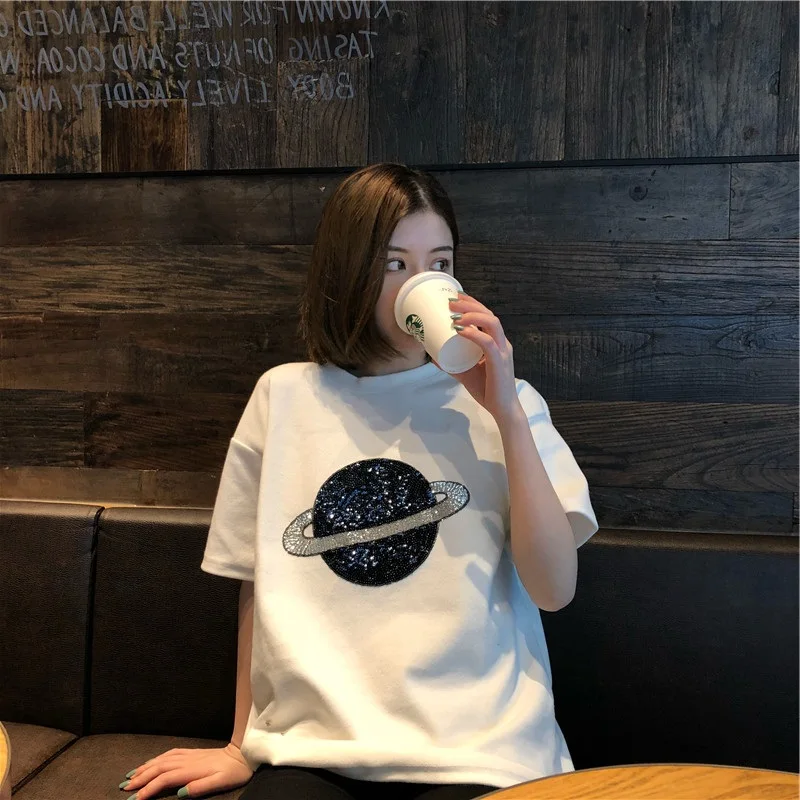 Женские футболки с блёстками Harajuku ulzzang корейские свободные коротким рукавом и