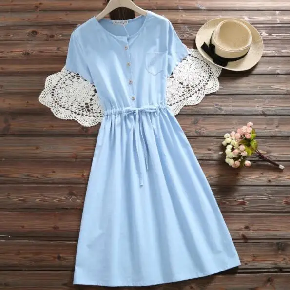 Летнее женское платье Mori Girl однотонное милое из хлопка и льна с коротким рукавом