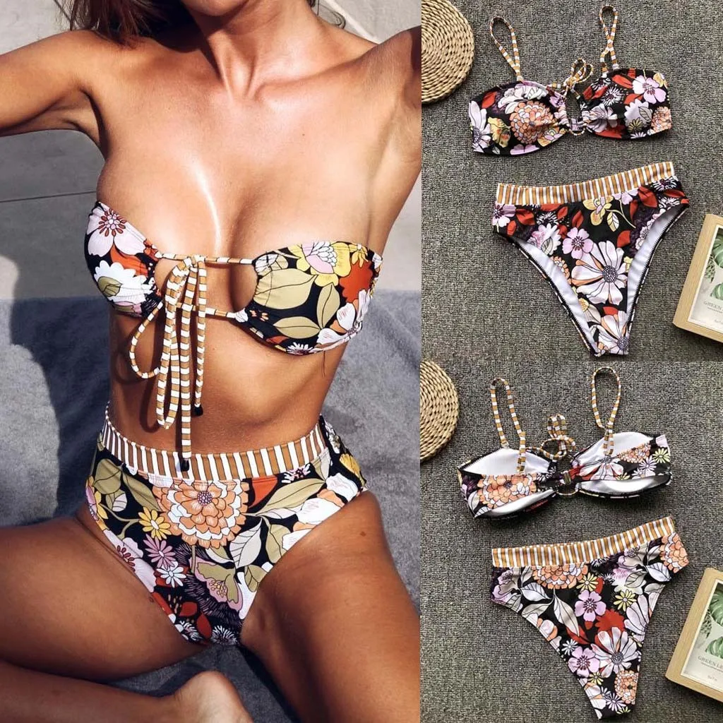 Сексуальный Женский Бандаж с высокой талией полый купальник пуш ап бюстгальтер