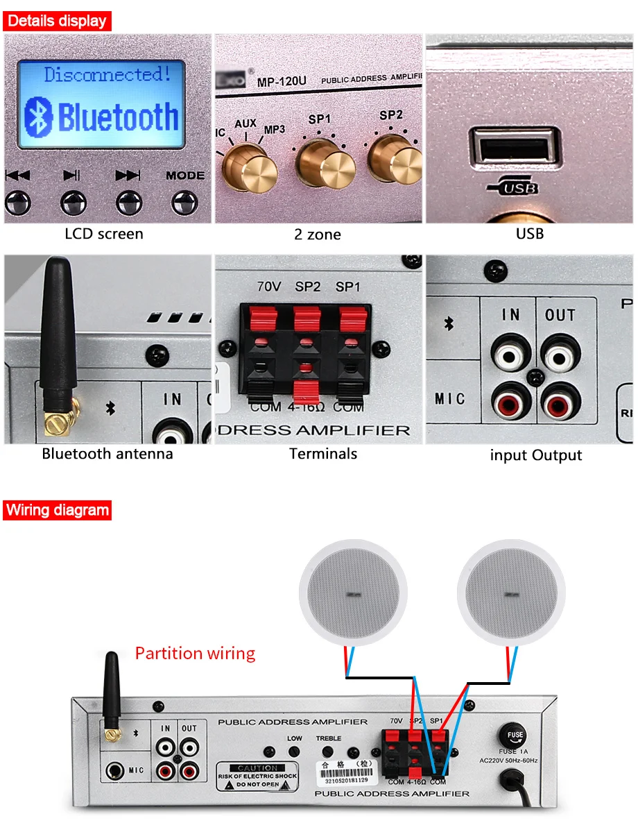 Oupushi 120 Вт 2 раздела управления Поддержка для воспроизведения USB MIC вход FM Bluetooth маленький усилитель