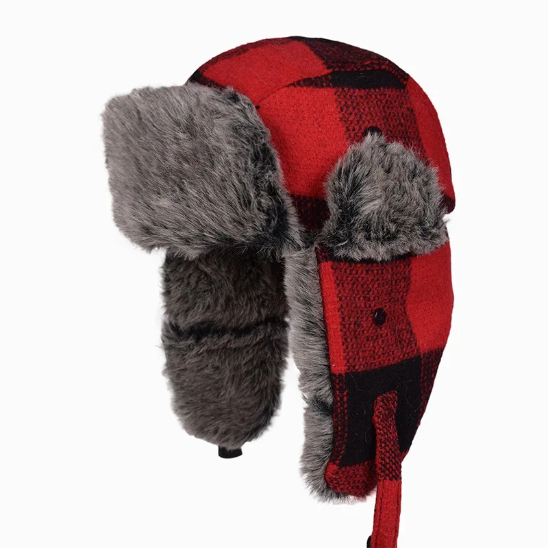 Red black plaid BUTTERMERE, зимняя шапка-бомбер для женщин и мужчин, серые клетчатые русские шапки-ушанки, теплые толстые Лыжные шапки для мужчин и женщин, уличная шапка-ушанка - Цвет: Red black plaid
