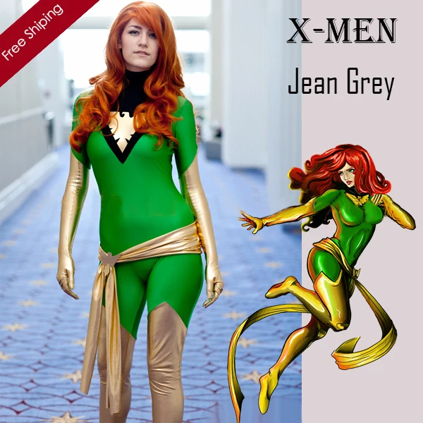 Джинсовый костюм Феникса для взрослых X Men серый зеленый и золотой блестящий