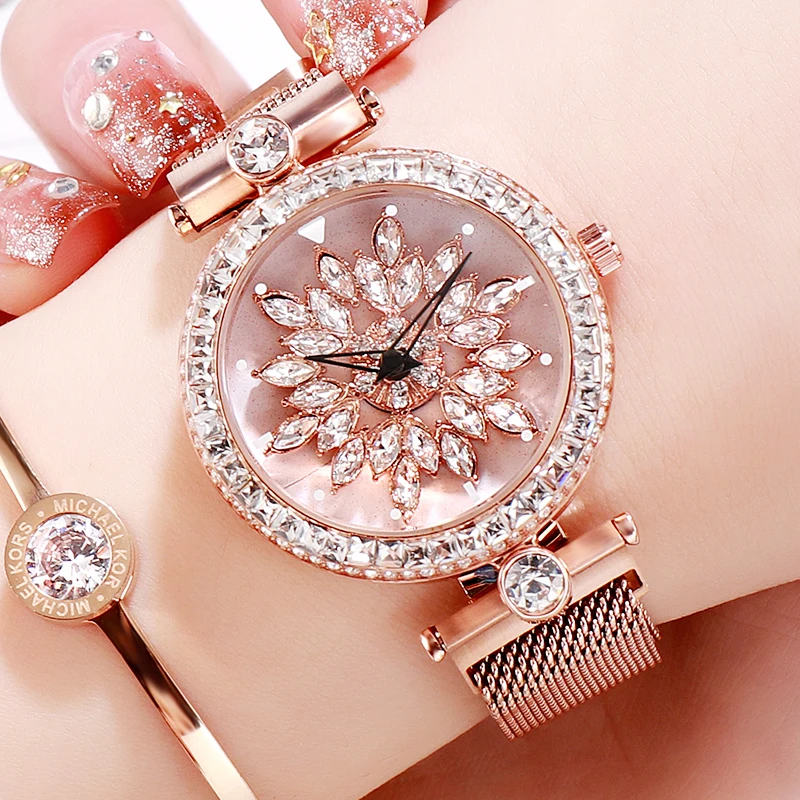 Фото Женские часы из нержавеющей стали zegarek damski роскошные Брендовые Часы с цветком и
