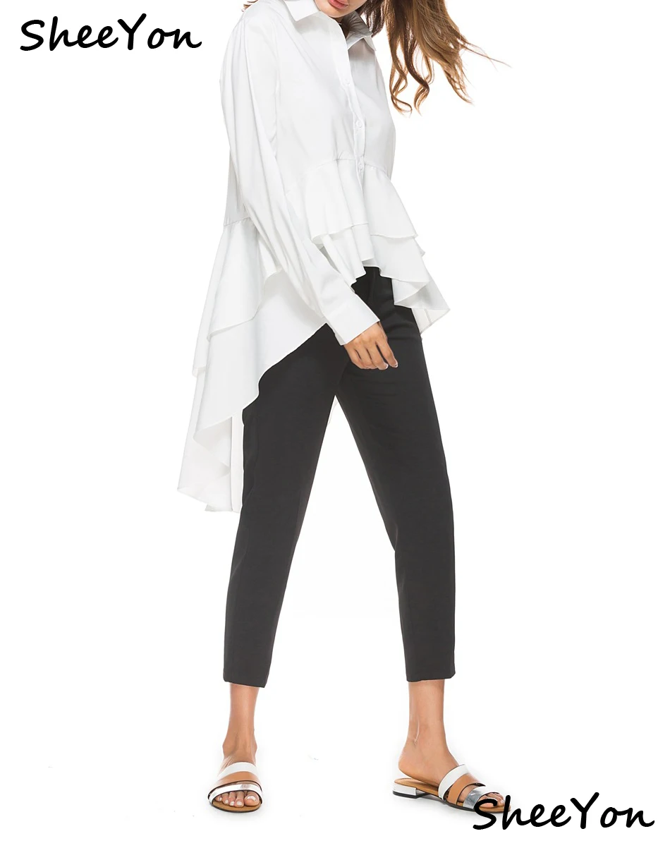 SheeYon ladies spring new white long sleeved Asymmetrical swallow ruffles casual Shirts women 852354 |