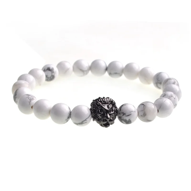 ASHMTIA 2019 натуральный Howlite камень бусины Эластичный Браслет W/Золотой голова льва
