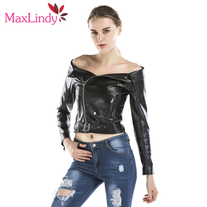 MaxLindy Искусственная кожа куртка Для Женщин Осенние пикантные с открытыми плечами