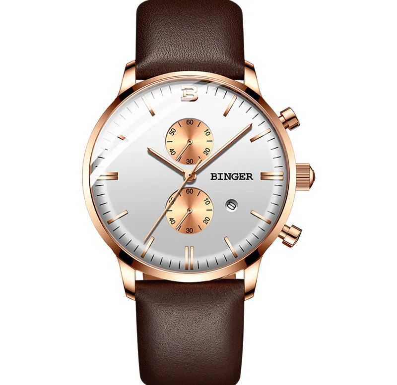 Leather Brown White Персонализированные 2.5D изогнутое стекло мужские коричневые часы 3 бар натуральная кожа наручные часы кварцевые часы с календарем и хронографом аналоговые часы Montre - Цвет: Leather Brown White