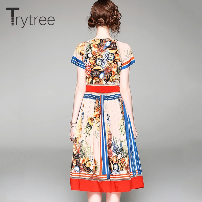 Trytree летнее Повседневное платье с принтом морской жизни женское v образным