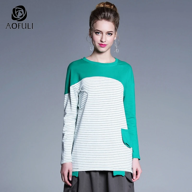 AOFULI L ~ 4XL woemn Повседневная хлопковая футболка осень 2019 полосатые Лоскутные