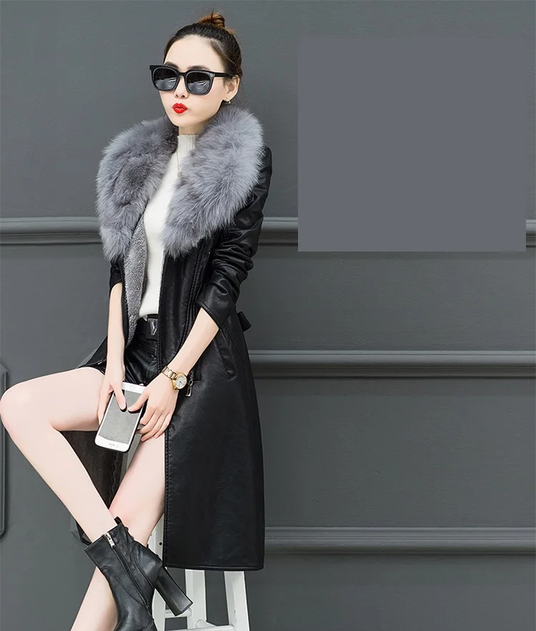 Winter pu leather women 2019 New slim long Faux leather coat large fur collar windbreaker coat Thicken popular Womens coats