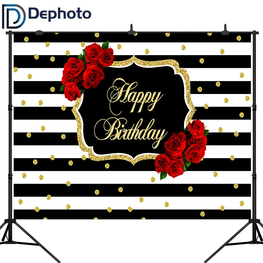 DePhoto фоны для фотосъемки с днем рождения черно белые полосы золотые точки декор в