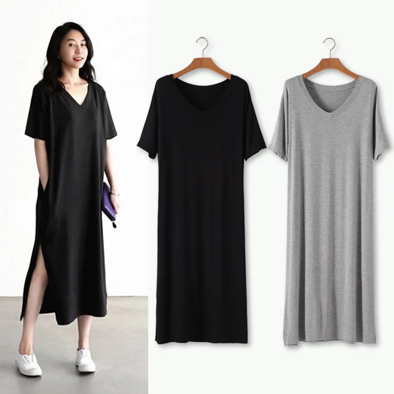 

2019 Summer New Dress Women modal long short sleeve loose split v neck pocket fat mm large size slim sweater Women dress