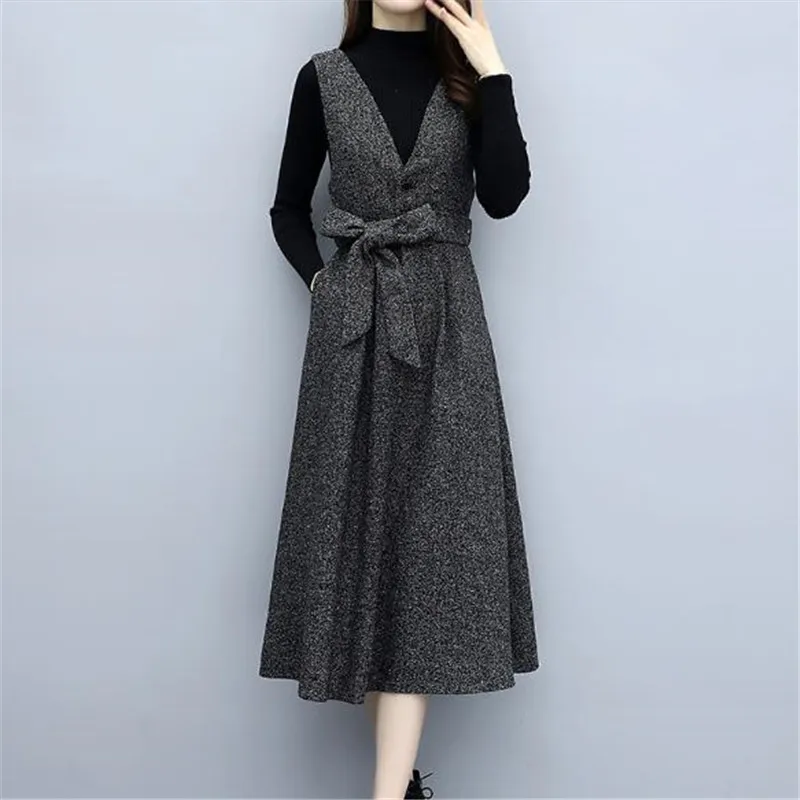 Female plus size suit 2019 spring autumn new retro strap dress + Knitted tops 2-piece fashion casual women clothing with belt |