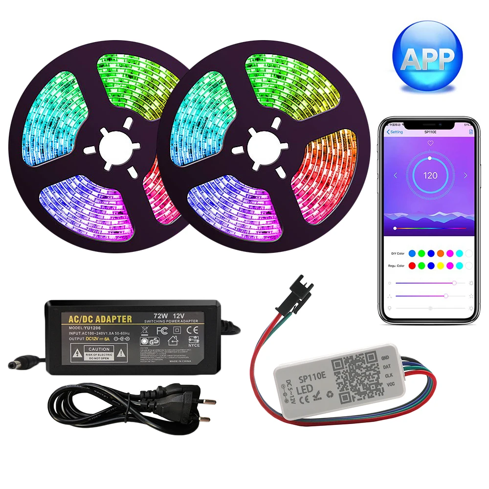 Dream Color LED Strip Lights with APP, Multicolor Chasing, Waterproof RGB Rope Lights Kit, SP110E Bluetooth Controller ws2811