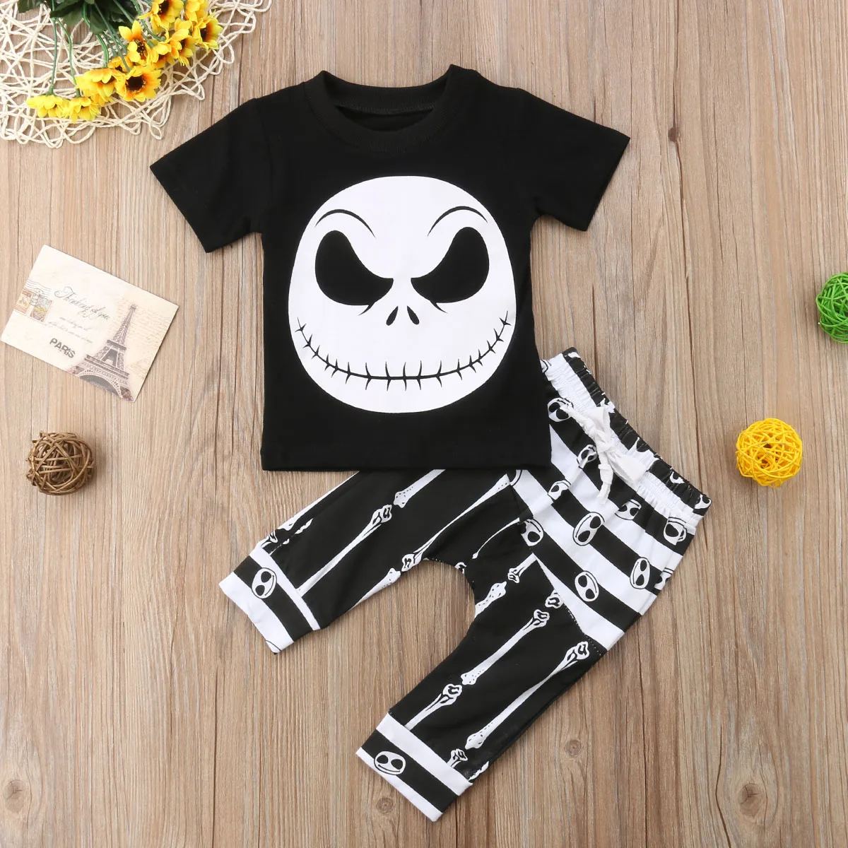 2019 Halloween Newborn Baby Boy Casual Clothes Skull T Shirt Tee Top+Long Skeleton Pants Outfit Set Short Sleeve Cotton Clothing |