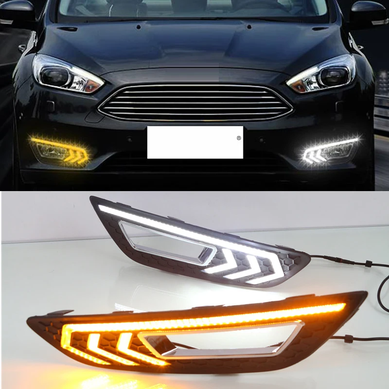 Hlxg DRL для Ford Foucs 2015 2016 светодиодный Габаритные огни противотуманной фары с желтым