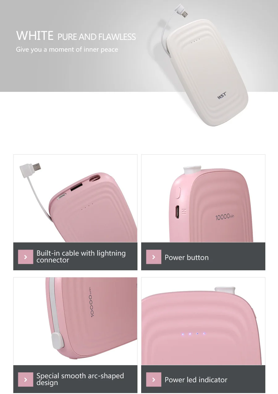 WST power Bank 10000 мАч со встроенным кабелем, Внешнее зарядное устройство, тонкий портативный аккумулятор для iPhone, Android, внешняя батарея