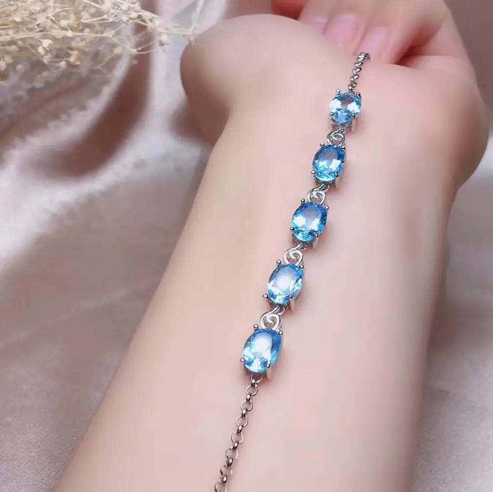 

Natural blue topaz gem Bracelet S925 silver natural gemstone Bracelet Elegant cute surround round woman girl party gift jewelry