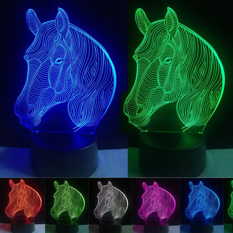 3D Horse 7 цветов, меняющийся градиент, модный светодиодный ночник в виде головы лошади, 3D светодиодный настольный светильник, вечерние лампы для дома и спальни - Испускаемый цвет: 3D Horse