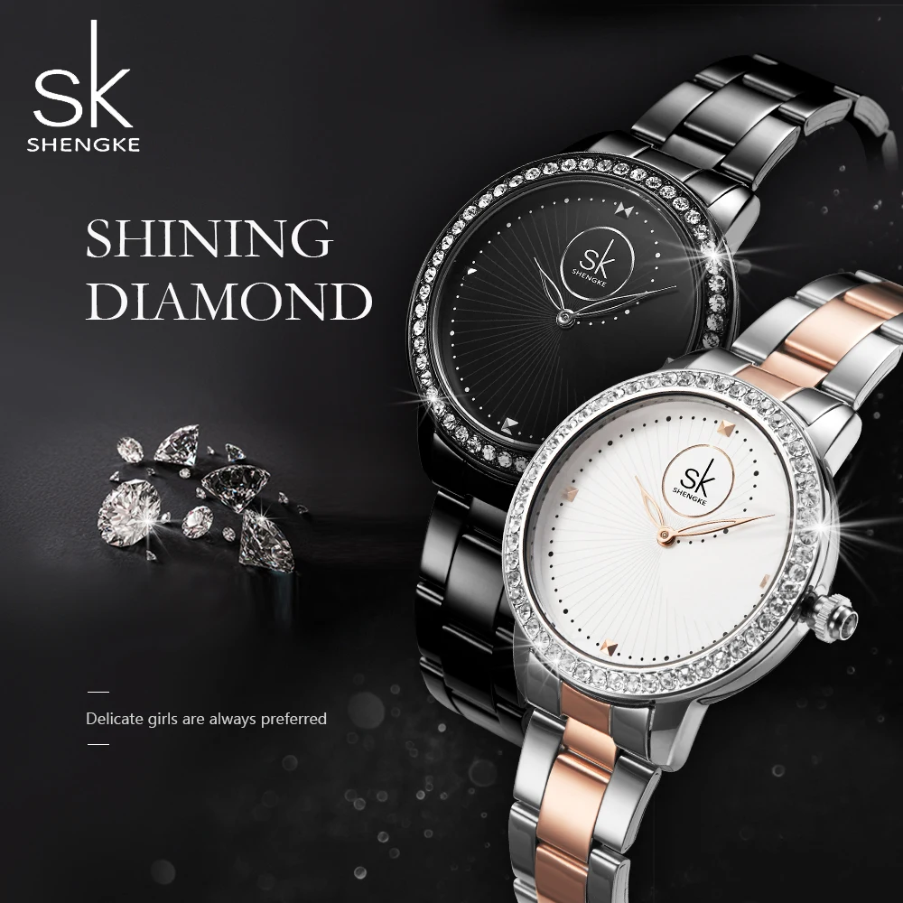 Shengke черные часы Для женщин кварцевые Дамы Топ Марка кристалл Роскошные женские