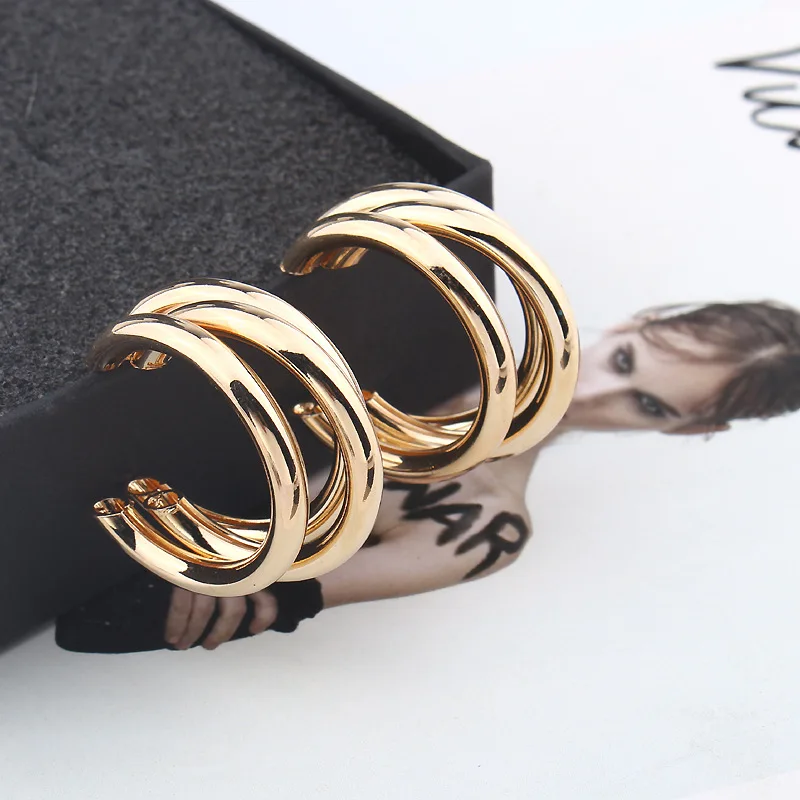 

3 Layered Gold Silver Color Metal Earrings For Women Wedding Geometric Round Circle Statement Earing Fashion Jewelry Earrings