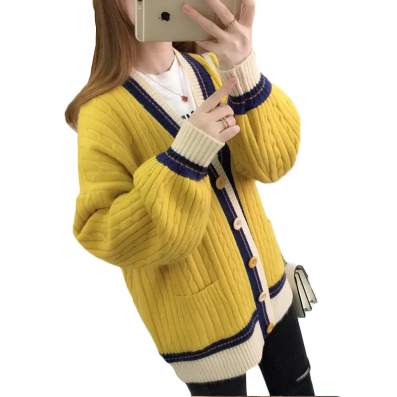 2019 Women Long Sleeve Knitted Sweater Cardigan Autumn Winter Ladies korean Fashion V-neck Causal Loose Plus Size Knitting Coat |