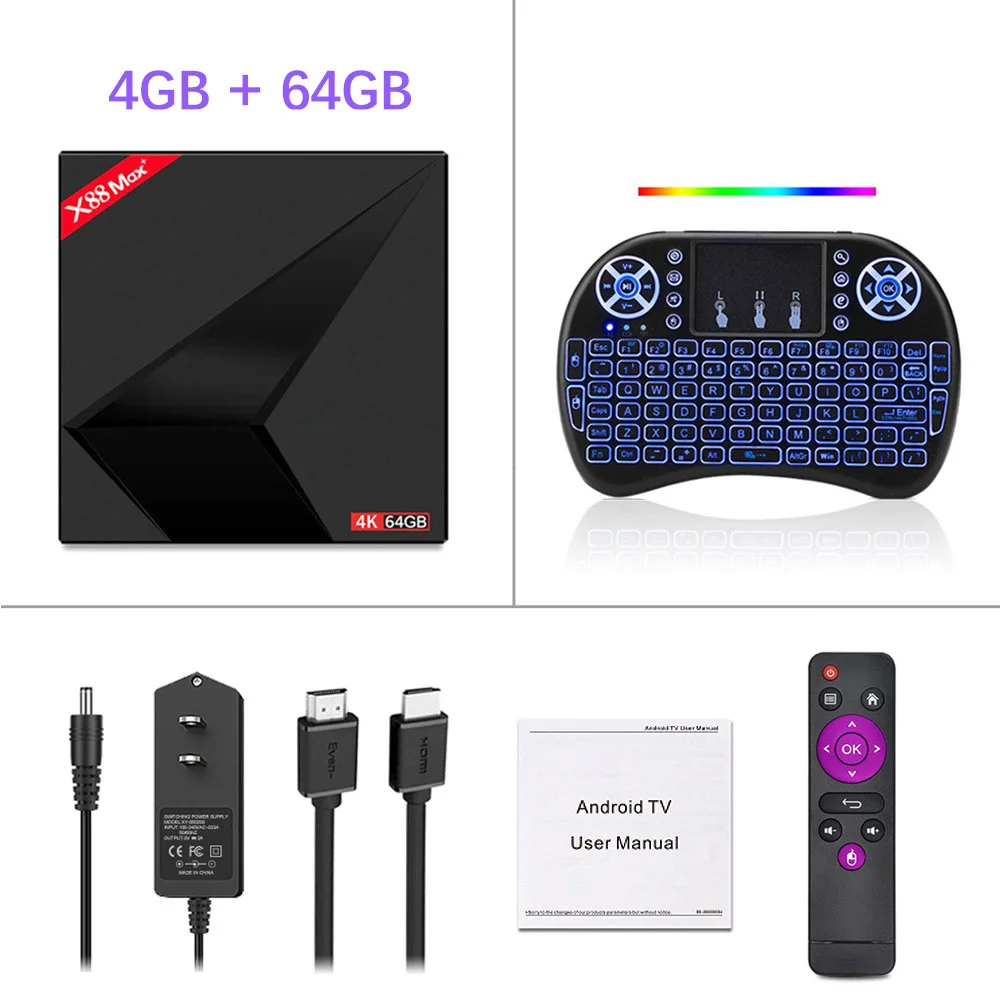 4G 64G i8 backlit Android 9,0 ТВ приставка 4 Гб 64 Гб X88 Max+ RK3318 четырехъядерный 64 бит Cortex-A53 100 м двойной Wifi BT4.0 H.265 4K медиаплеер Смарт ТВ приставка - Цвет: 4G 64G i8 backlit