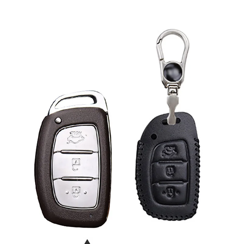 

3 Button Genuine PU Leather Remote Key Bag Case Fob Holder Chain For Hyundai Series