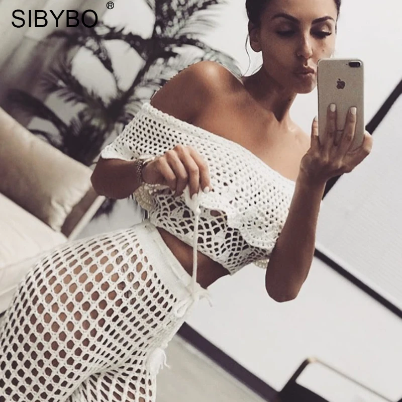 Sibybo женские белые брюки связанные крючком кружевные открытые с высокой талией сексуальные кружевные пляжные свободные мягкие широкие женские брюки