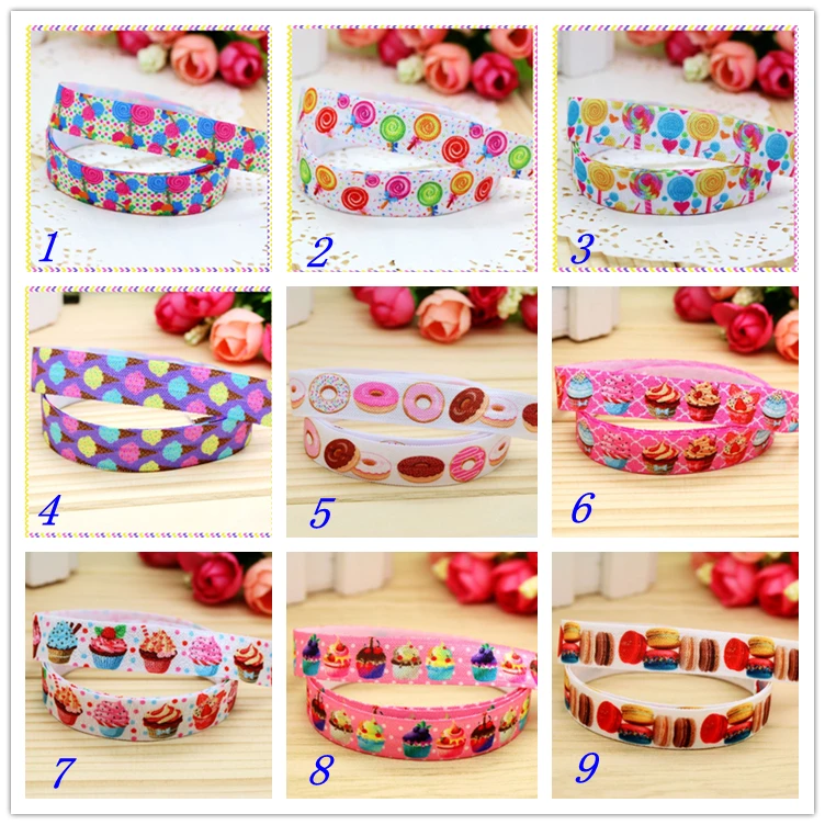 

DUWES 5/8'' Free shipping Fold Elastic FOE cupcake doughnut printed headband headwear hairband diy decoration wholesale OEM D55