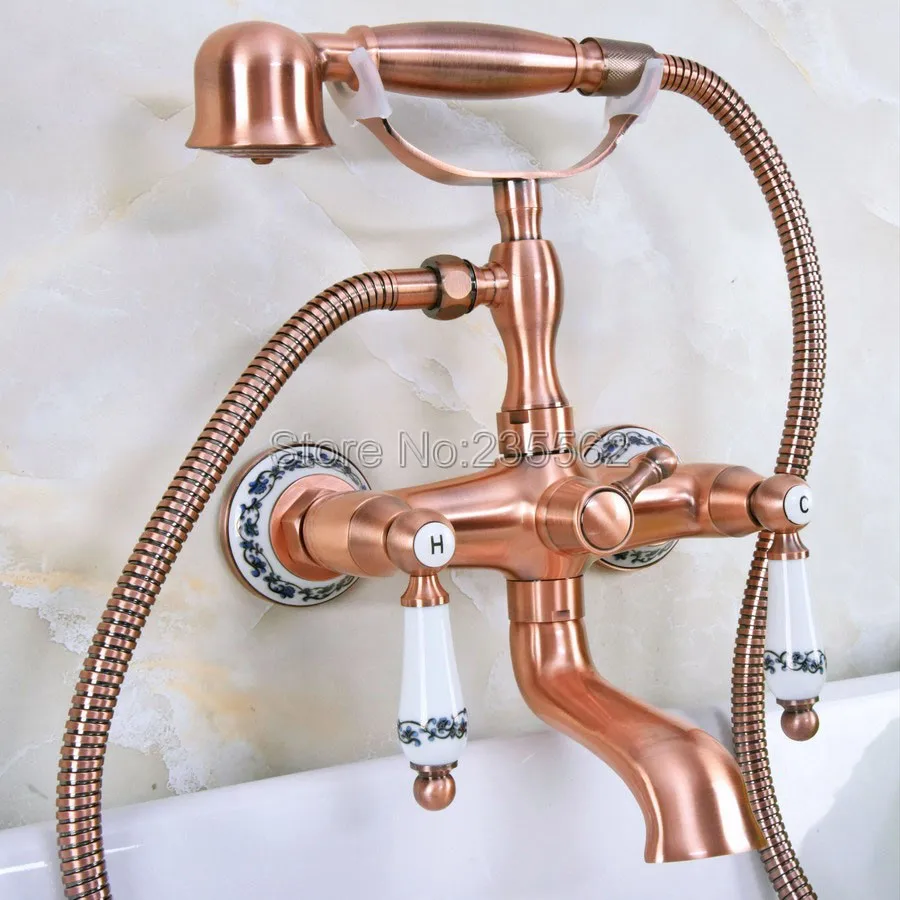 

Antique Red Coppe Wall Mount Clawfoot Bathroom Bathtub Faucet Handheld Shower Mixer Tap lna331