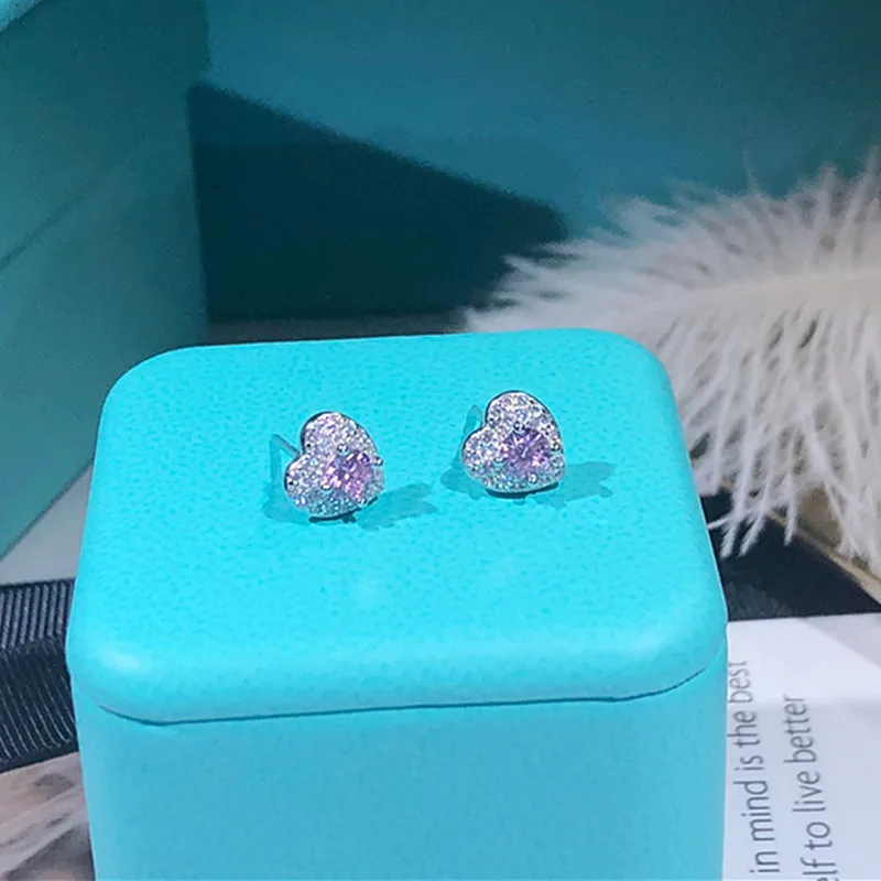 

2019 New Designer Fashion Woemn Pink Zircon Heart Earrings Stud Real 925 Sterling Silver Trendy Stud Earrings