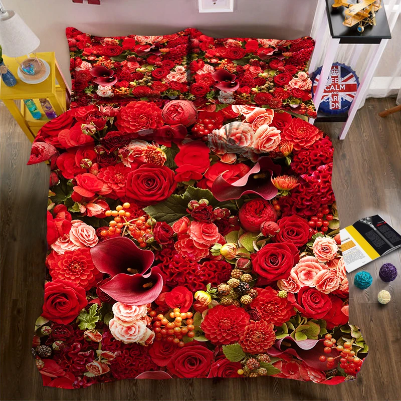 Full screen of red flowers in bloom illustration two 3d effect photo bed linen can be customized pattern | Дом и сад