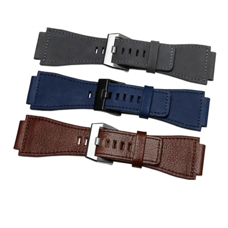 34mm*24mm Grey Blue Brown Watch Band Leather 3mm Thick Strap Belt Silver Black Pin Tongue Buckle