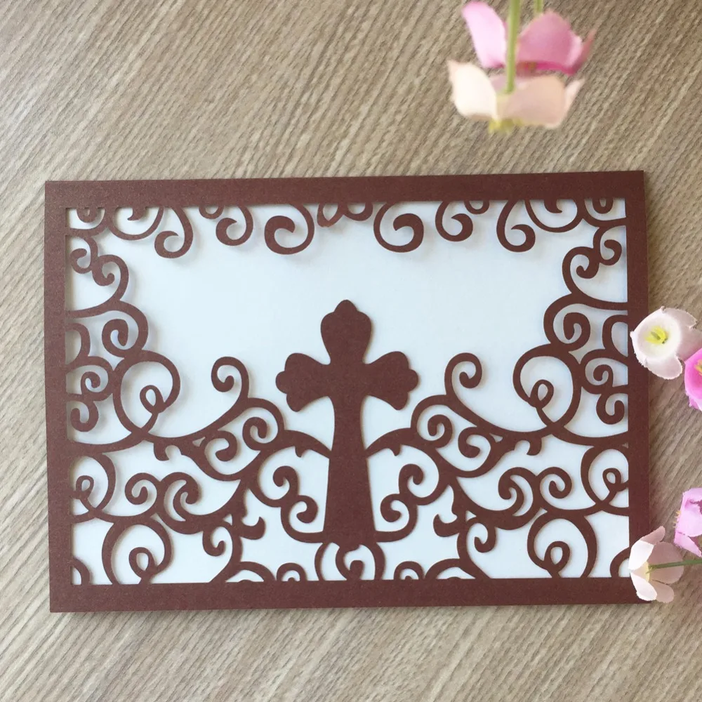 

100pcs/Lot Laser Cut Lace Pattern Wedding Birthday Party Invitation Cards Cross Design Easter Baptism Decorations