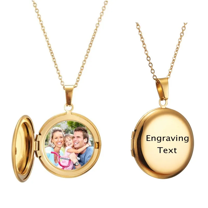 Custom Gold Персонализированный индивидуальный кулон ожерелье круг фото медальон гравировка имя/дата нержавеющая сталь для женщин и мужчин внутри фото ювелирные изделия - Окраска металла: Custom Gold