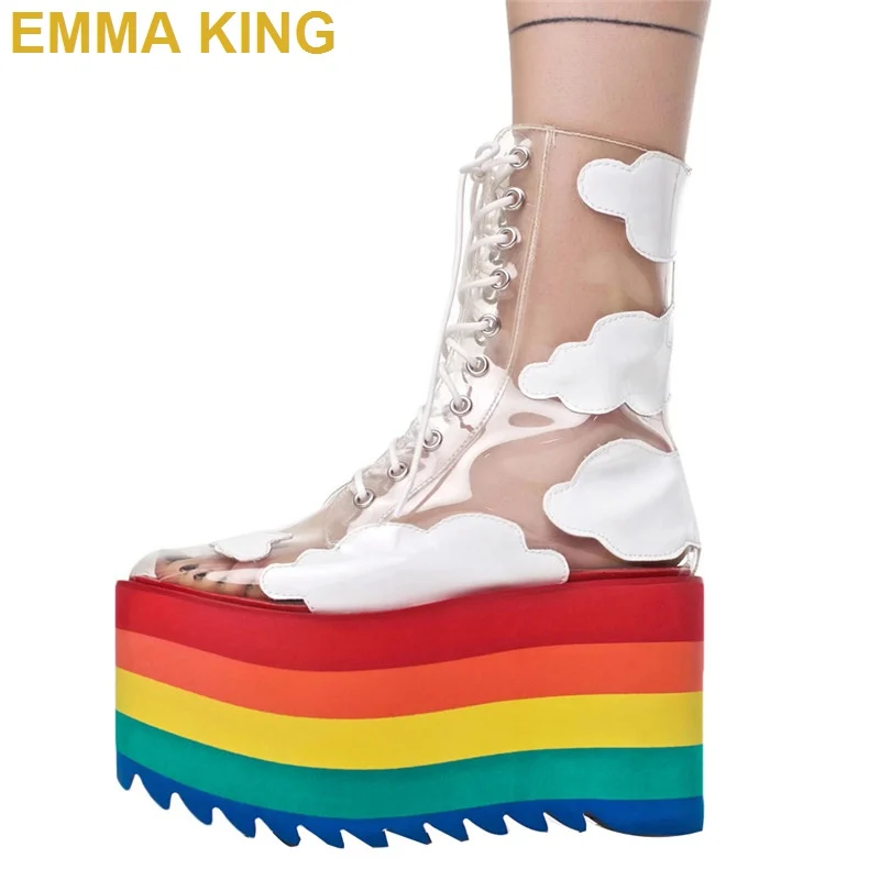 

EMMA KING 2019 Fashion Runway Shoes Rainbow Candy Color High Platform Wedges Ankle Boots Clear PVC Lace UP Increasing Shoes Hot