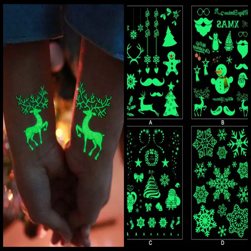 Christmas Luminous Tattoo Glow In The Dark Glitter Tatoo Flash Temporary Stickers For Safe Water Transfer Body Art | Дом и сад
