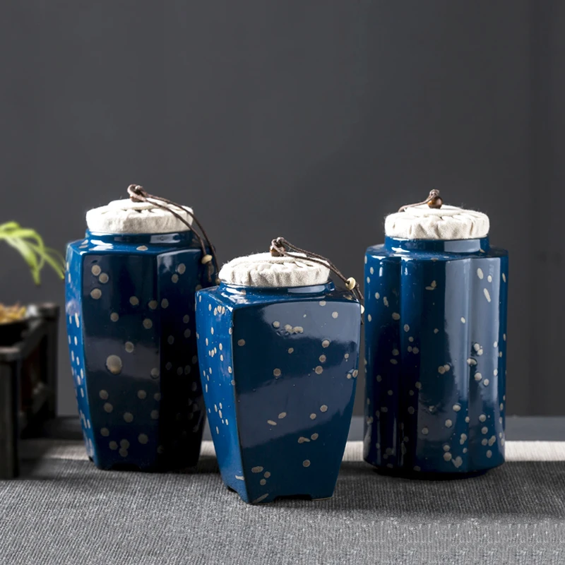 

Japanese Style Vintage Coarse Pottery Blue Glaze Tea Caddy Ceramic Storage Tea Cans Candy Coffee Bottles Spice Jar Home Decor