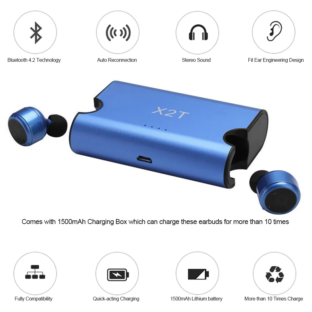 TWS стереонаушники X2T с поддержкой Bluetooth 4 2 и зарядным футляром на 1500 мА · ч|Наушники
