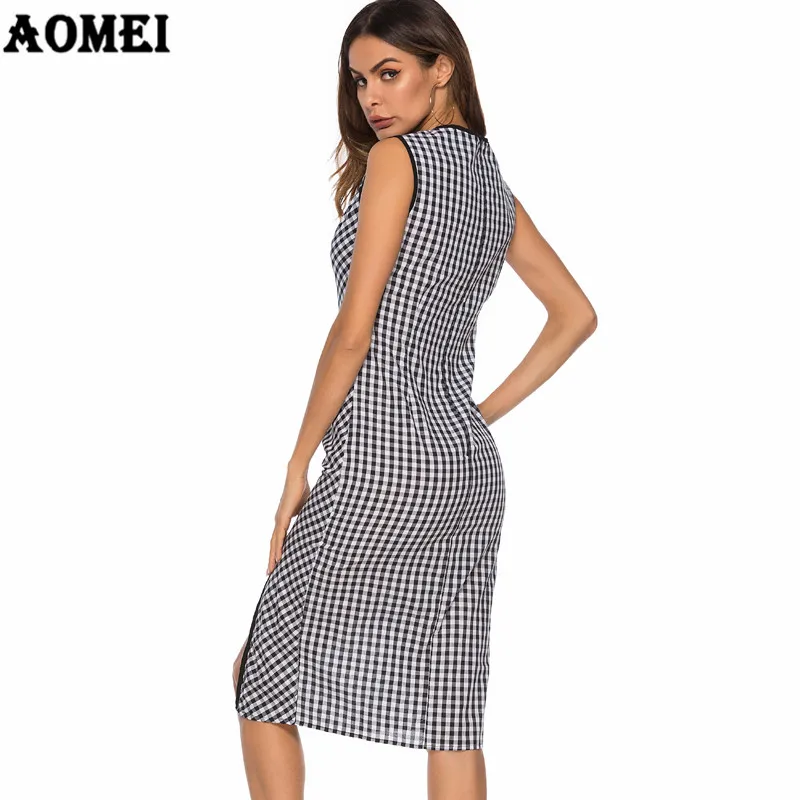 Black Retro Gingham Women Summer Dress Ruffles High Split Vintage Checkered Tunics Robe Femme Classy Sundress Ladies Party | Женская