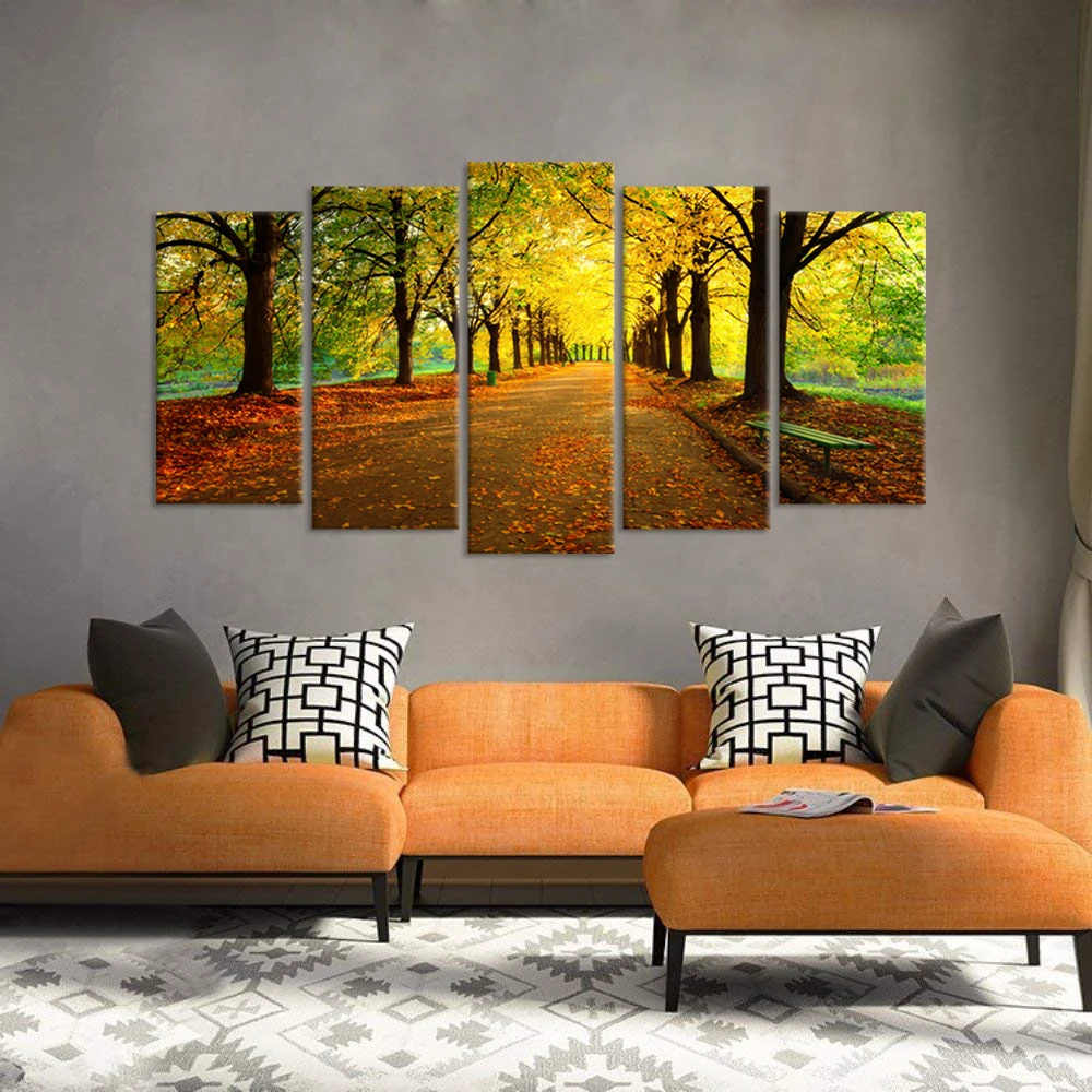 Large 5 Pieces Autumn Forest Canvas Wall Art Yellow Trees in City Park With Empty Bench Sun Light Fall Season Landscape Picture | Дом и сад