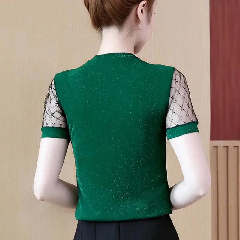 

Blusas Mujer De Moda 2021 Korean Mesh Spliced Lace Blouse Short Sleeve Slim Women Shirts Office Work Womens Tops and Blouses