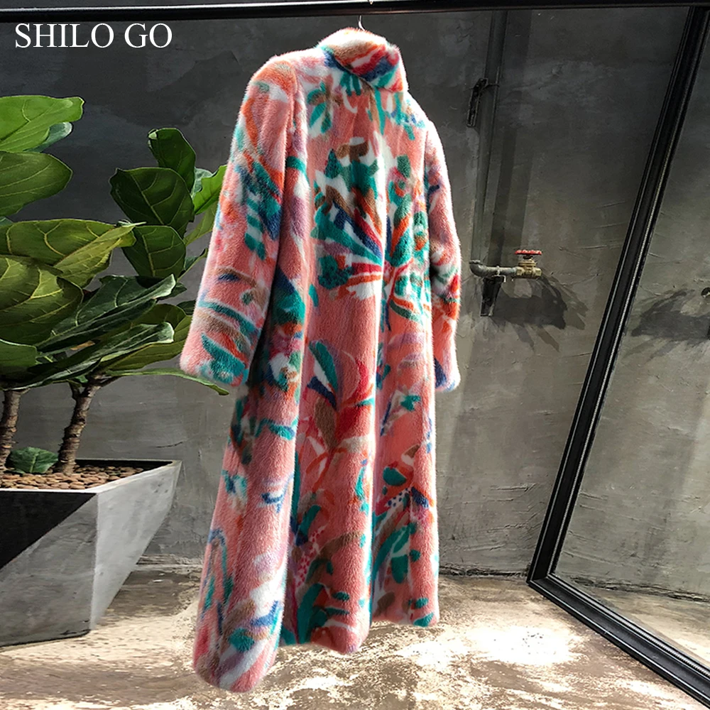 Шуба SHILO GO, женская зимняя мода, цельное натуральное Норковое длинное пальто, воротник-стойка, богемный цветочный принт, длинный рукав, Свободное пальто