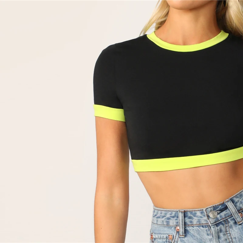 SweatyRocks Neon Ringer, цветной укороченный топ, женские сексуальные черные футболки с коротким рукавом, летняя уличная одежда, топ, женские футболки