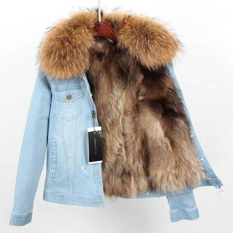 Maomaokong2018 new Natural raccoon fur detachable lining Real raccoon fur collar denim jacket Woman's hole cowboy Short coat - Цвет: 13