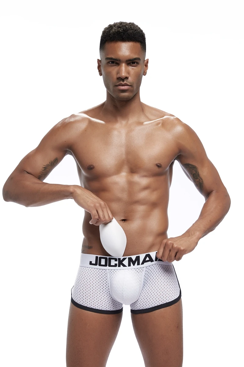 JOCKMAIL, сексуальное мужское нижнее белье, боксеры, мужское нижнее белье с дышащей сеткой, съемные две накладки на ягодицы и одна Передняя панель