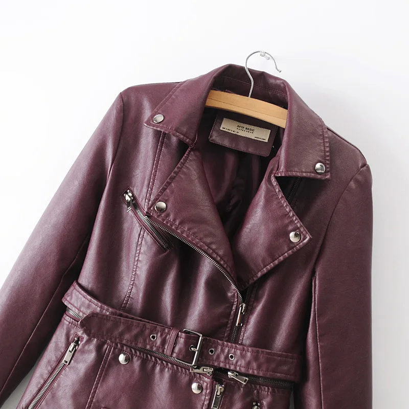 

Autumn Spring Women Outerwear Coat Red Wine Black PU Motorcycle Style Female Top Jacket