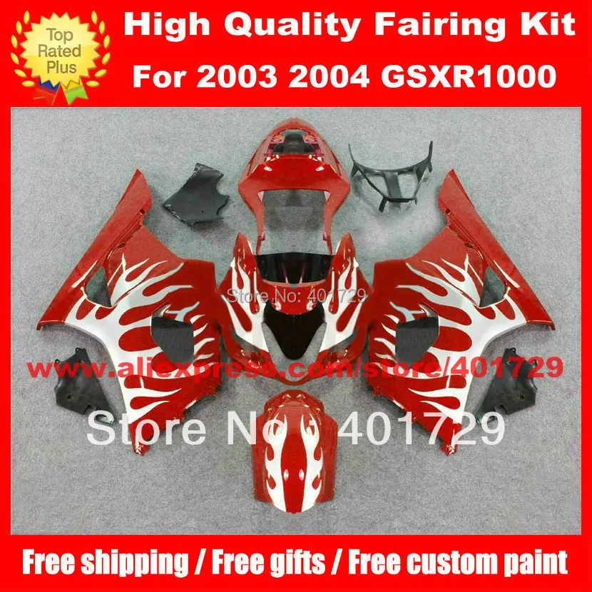 

Fairings body kit for Suzuki K3 GSXR1000 2003 2004 GSXR 1000 03 04 white flame in glossy black bodywork set with free gift